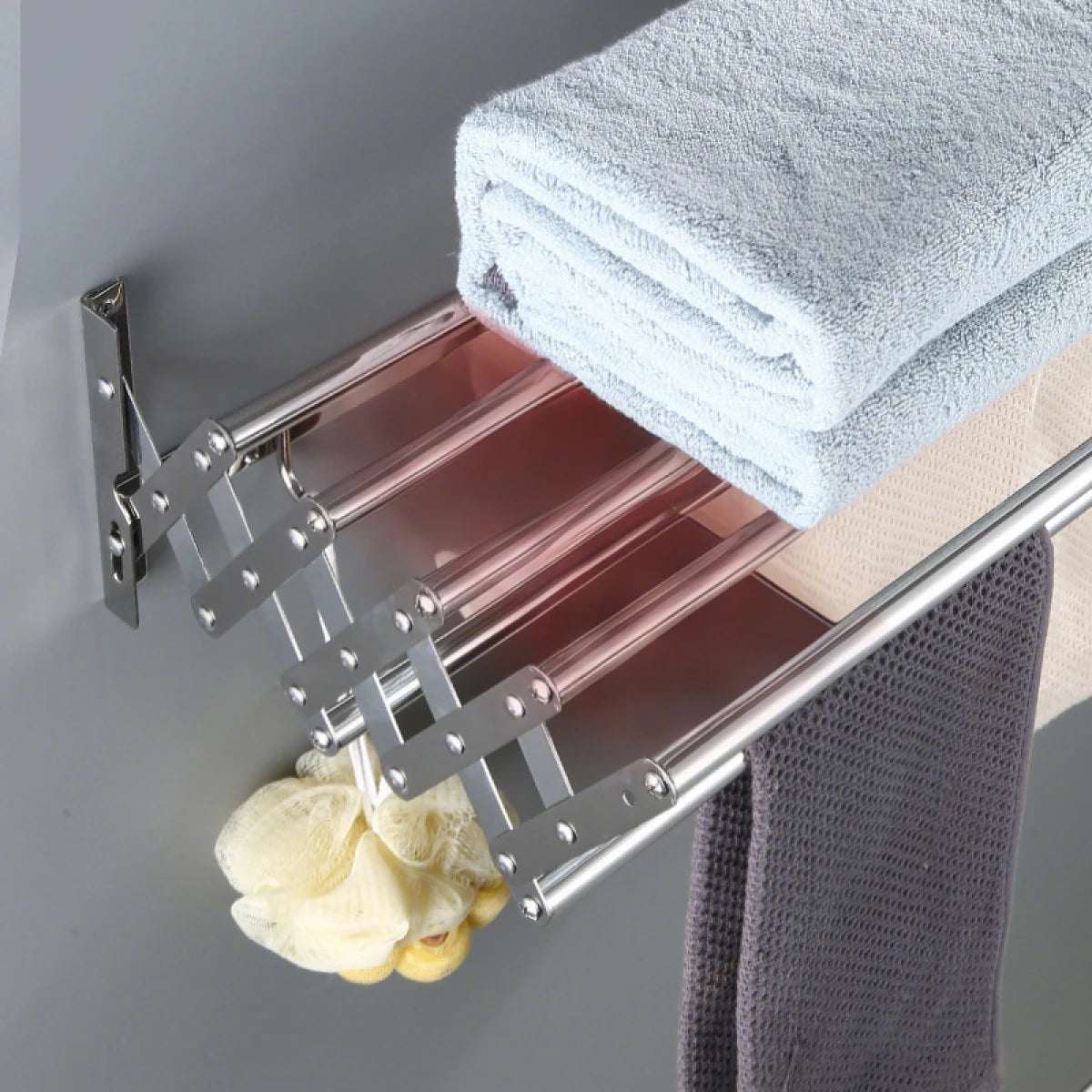 Suport pliabil pentru prosoape, inox, 7 bare, 5 carlige, 12-35.5 cm x 58 cm x 14.5 cm, argintiu