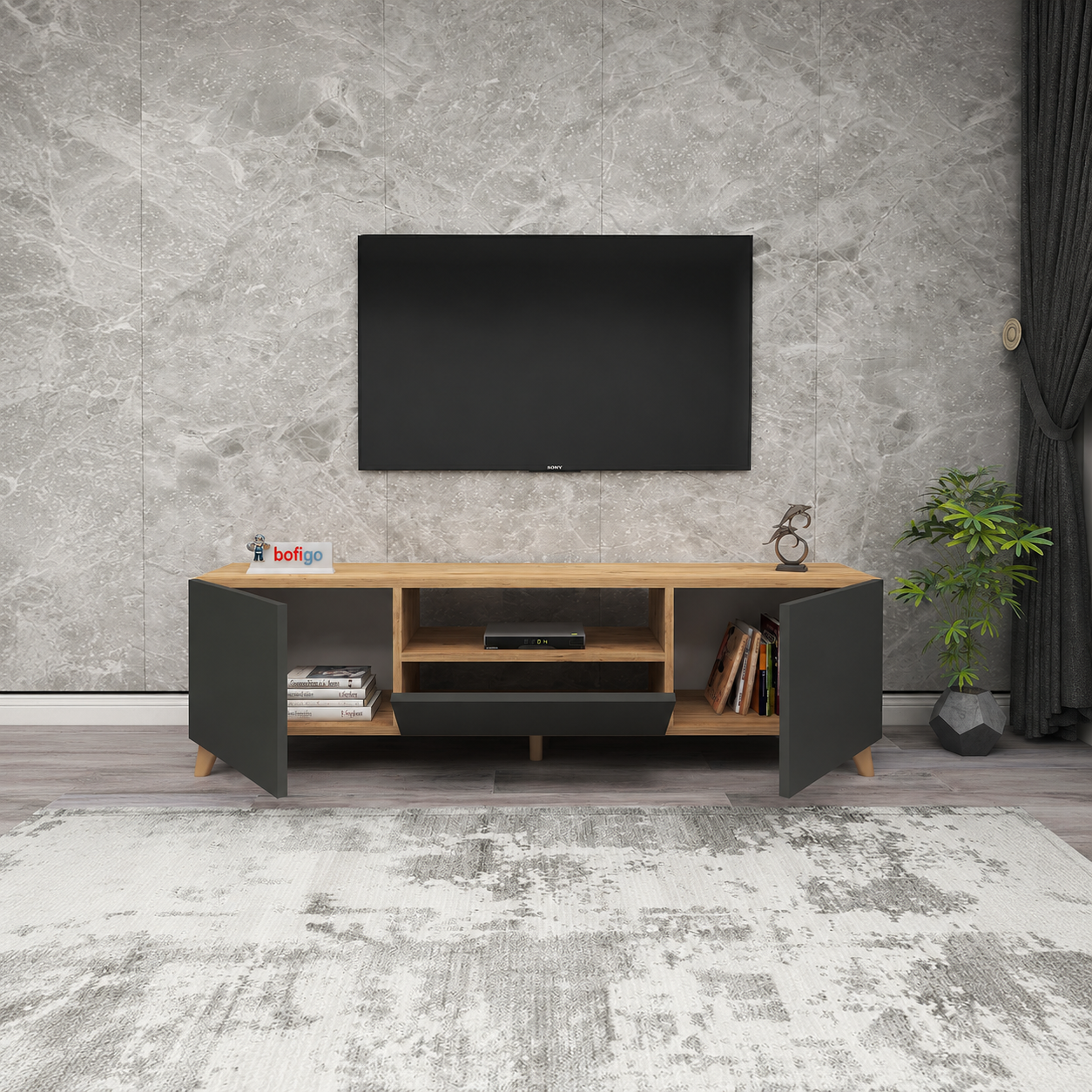 Comoda TV living 60 x 31,8 x 44,8 cm cm, 2 usi rabatabile soft-close, PAL melaminat 18 mm clasa E1, stil scandinav