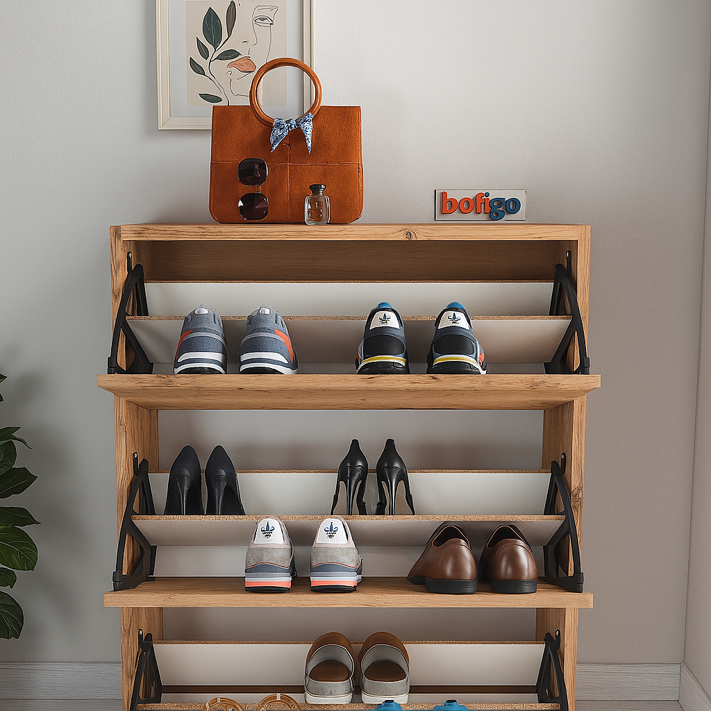 Pantofar cu usa rabatabila si rafturi glisante, 3 compartimente, PAL melaminat de 18 mm, 110 x 73,5 x 22 cm