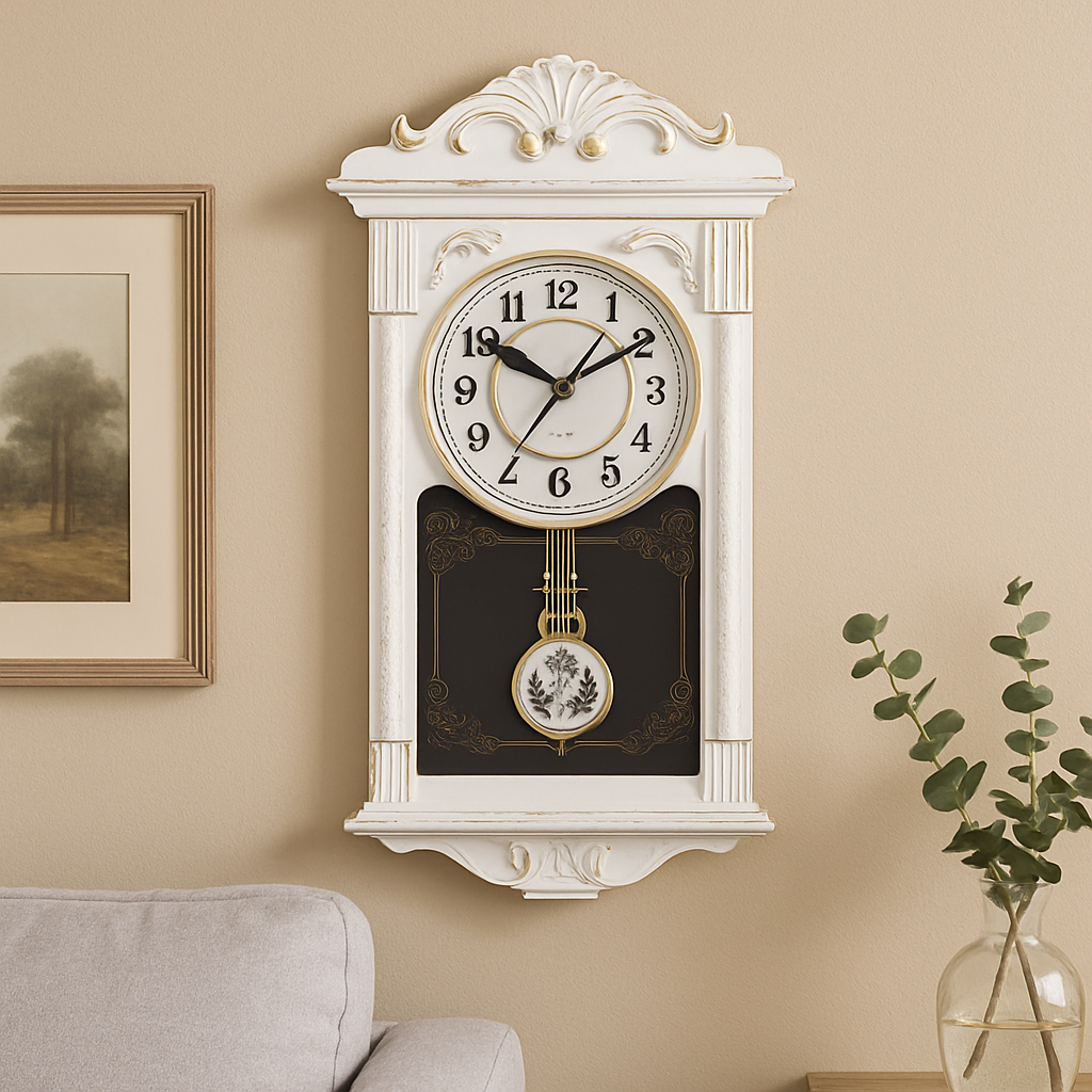 RESIGILAT - Ceas de perete vintage cu pendul, aspect lemn, 41 cm x 22 cm x 7 cm