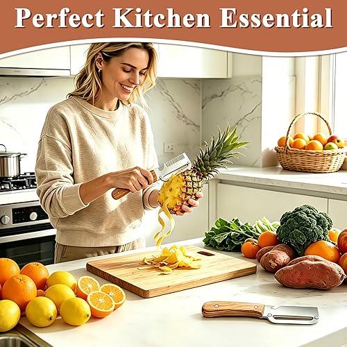 Set 2 curatatoare multifunctionale 2 in 1 pentru fructe si legume, cu deschizator de sticle integrat, lame din otel inoxidabil si maner din lemn - detaliu produs