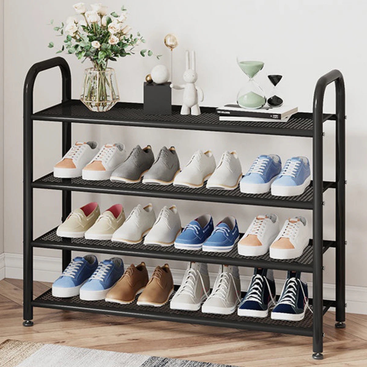 Suport metalic pentru incaltaminte, 4 polite, 60 x 28 x 75 cm, negru