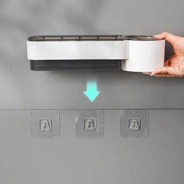 Suport autoadeziv pentru uscatorul de par, pahar pentru articole baie, ABS, 30.5 x 9.6 x 7 , alb