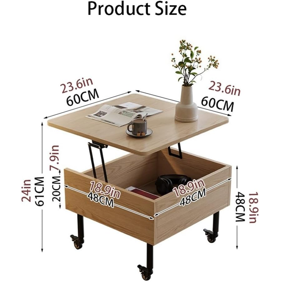 Masuta de cafea cu blat rabatabil, spatiu de depozitare si roti pivotante, 55x55x48cm