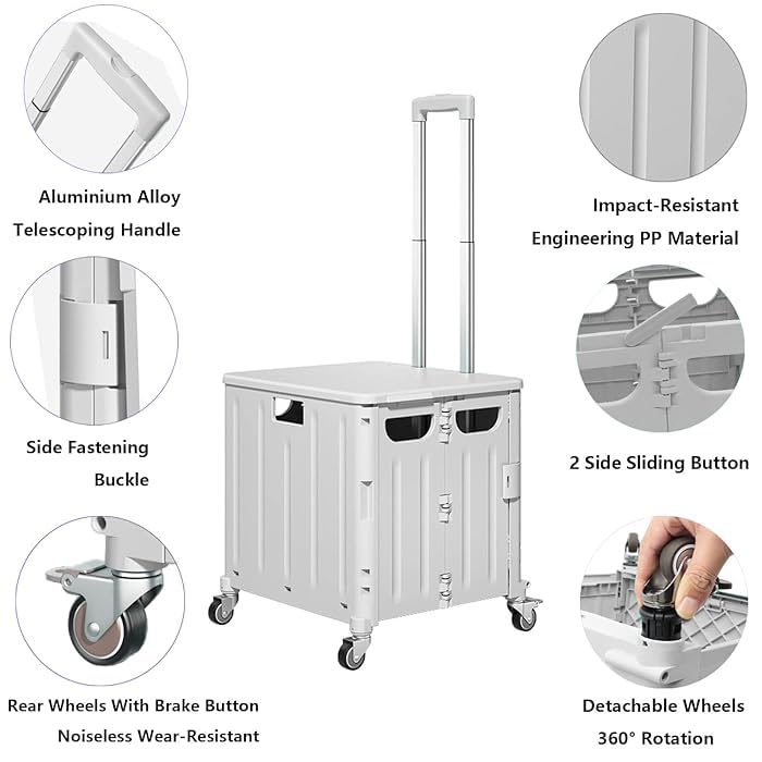 Carucior de cumparaturi pliabil 30L cu maner telescopic și roti, 39x35x48cm, Alb