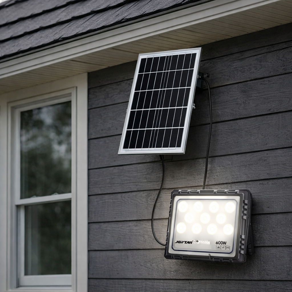 Proiector solar LED Jortan 600/800/1000W cu panou solar, telecomanda, IP66, iluminare exterior