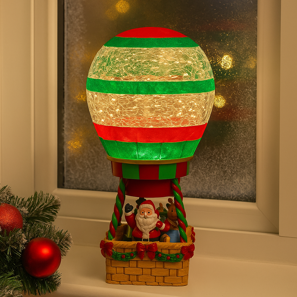 Decoratiune Craciun luminoasa cu balon cu aer cald si Mos Craciun 13 x 13 x 25.5 cm