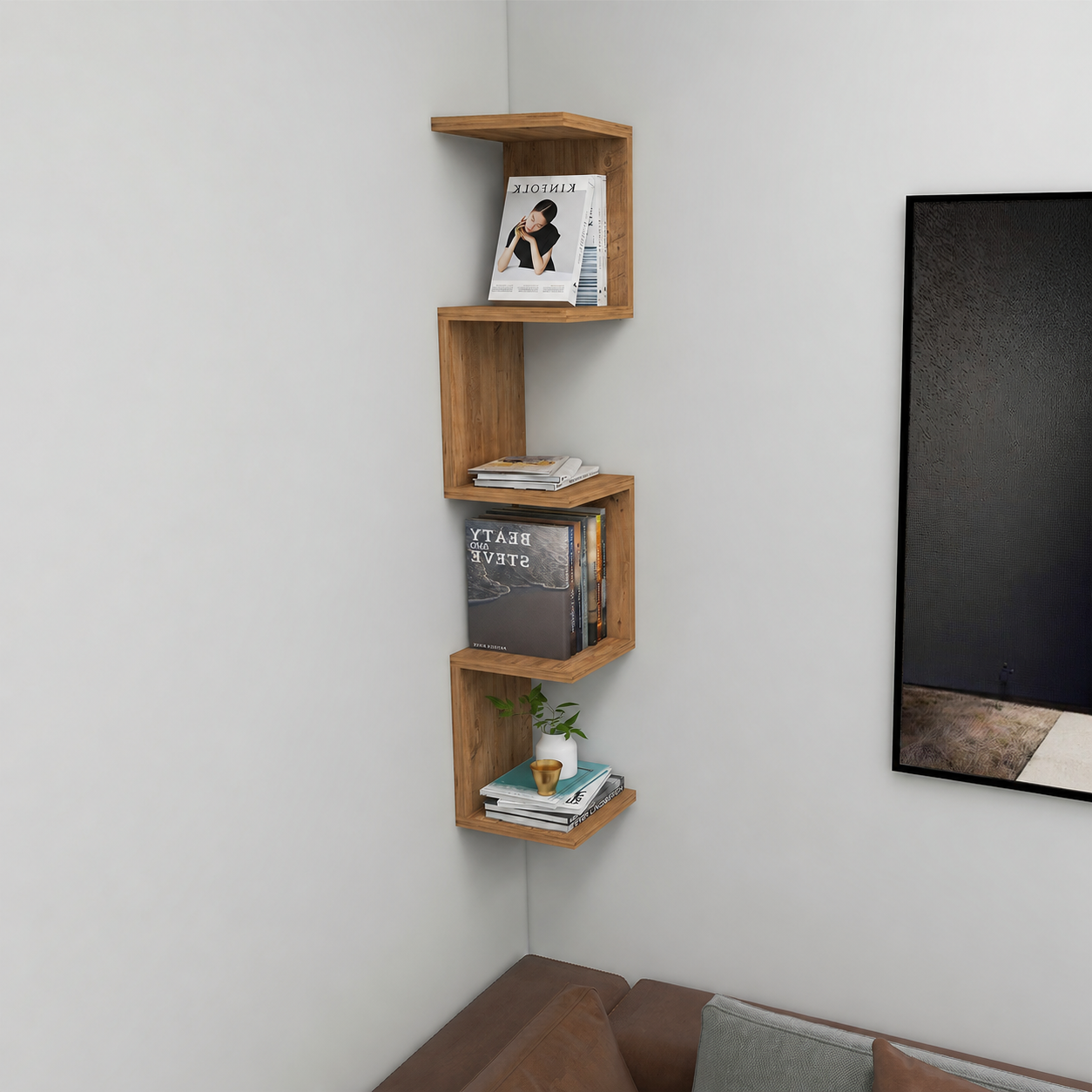 Raft suspendat tip zig-zag din PAL 22,3x22,3x111 cm, cu 4 polite, pentru carti si decoratiuni