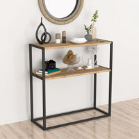 Masă consola decorativa cu 2 rafturi, 90x90x33,5 cm, efect stejar și cadru metalic - imagine 4