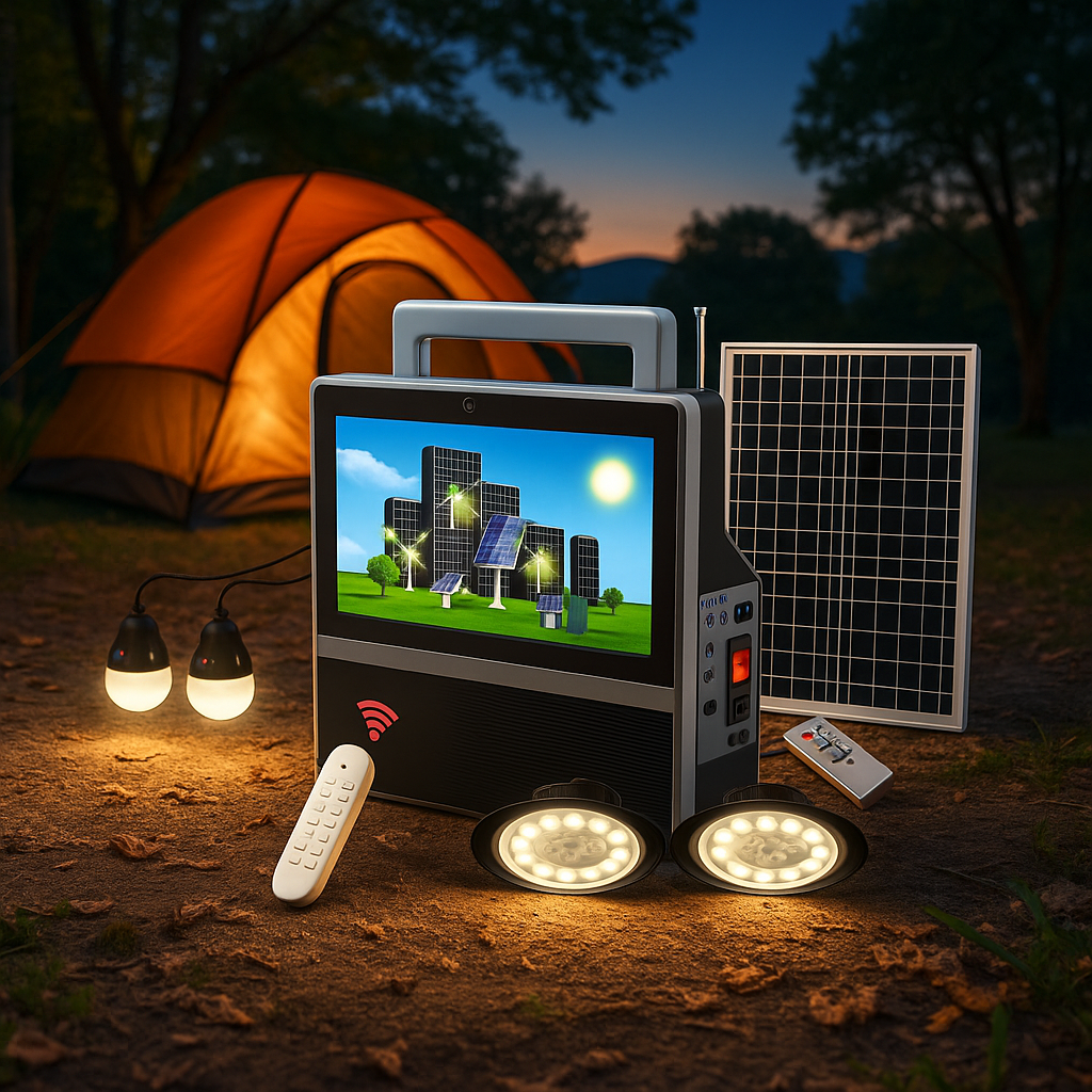 Televizor Solar 10 inch GD8088 cu 2 Proiectoare LED si 2 Becuri LED de 5W si Power Bank USB