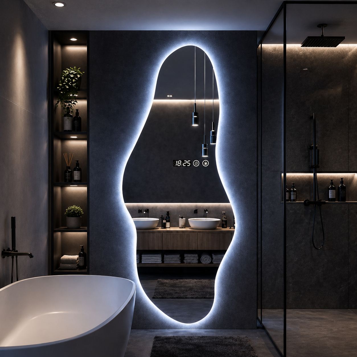 Oglinda LED forma asimetrica 55x180 cm iluminare 3 culori touch ceas digital