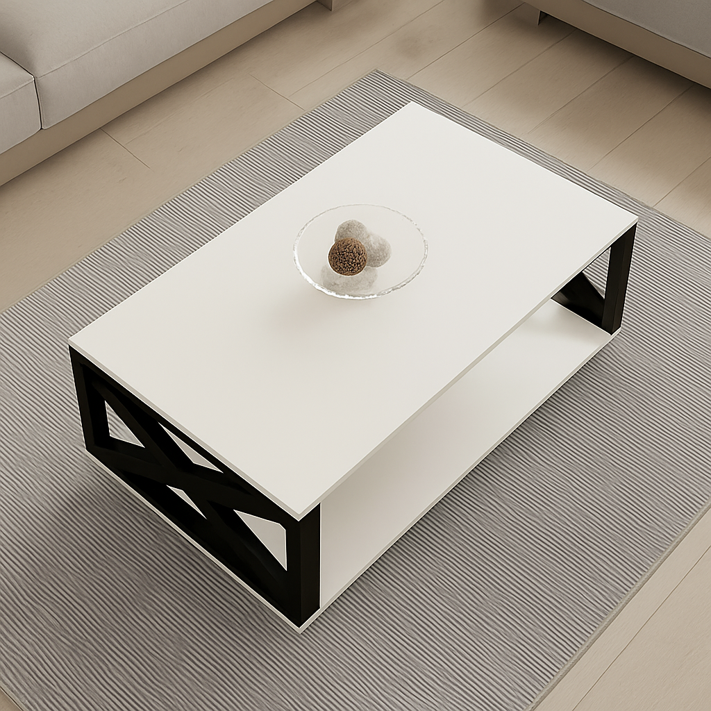 Masuta de cafea moderna, cu blat melaminat alb si cadru metalic, cu roti si spatiu de depozitare, 98 x 60 x 33.6 cm