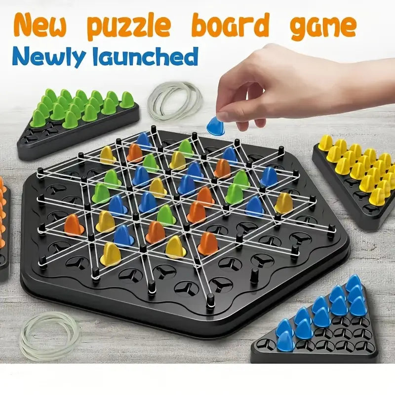 Joc interactiv de sah, educativ, cu benzi de cauciuc si triunghiuri geometrice, pentru copii