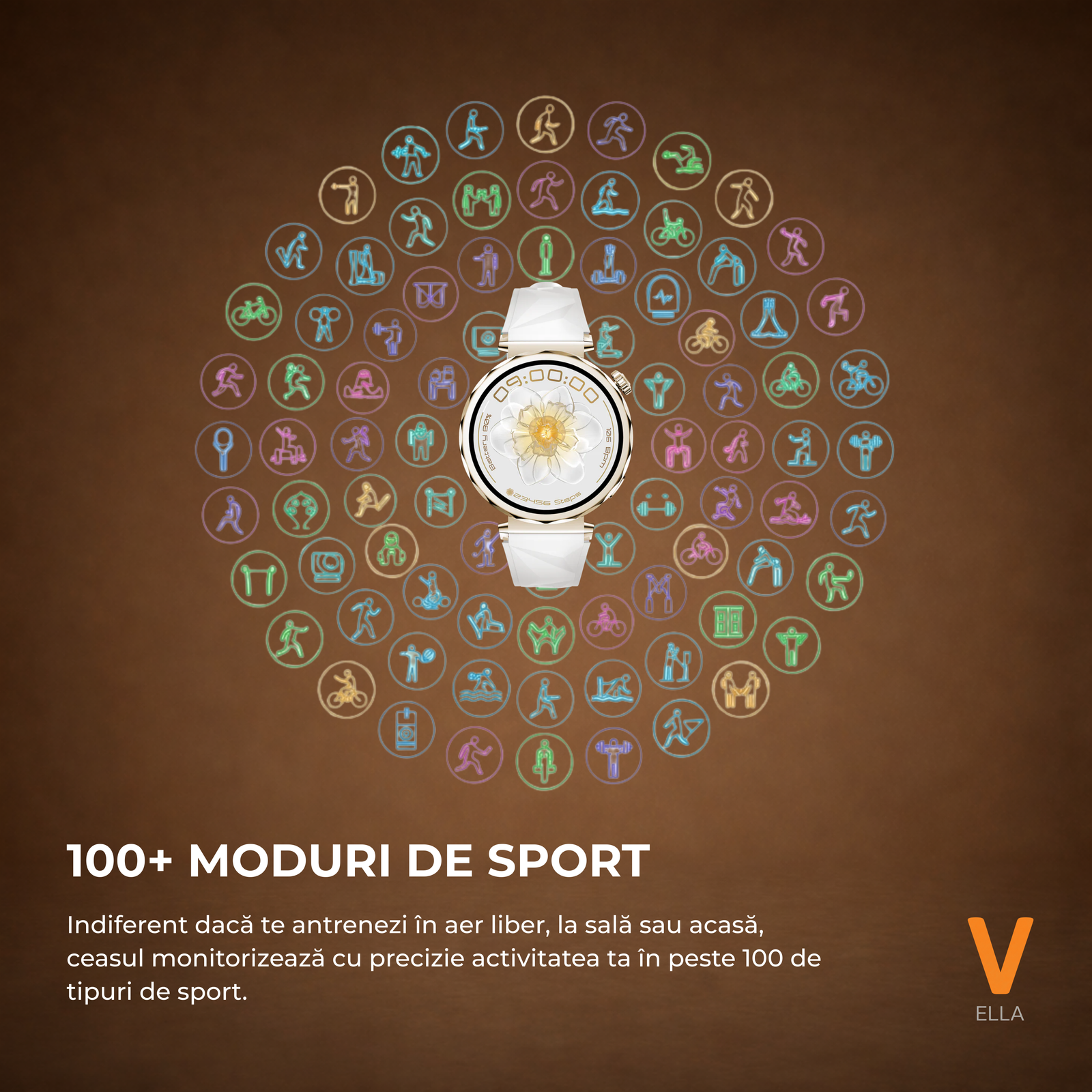 Ceas Smartwatch Dama ELLA Vivendo®, Ecran AMOLED 1.32", Fitness, Apel Bluetooth, Notificari Limba Romana, Asistent Vocal & ChatGPT AI, Incarcare Wireless, Rezistent Apa IP68, 2 Curele Incluse