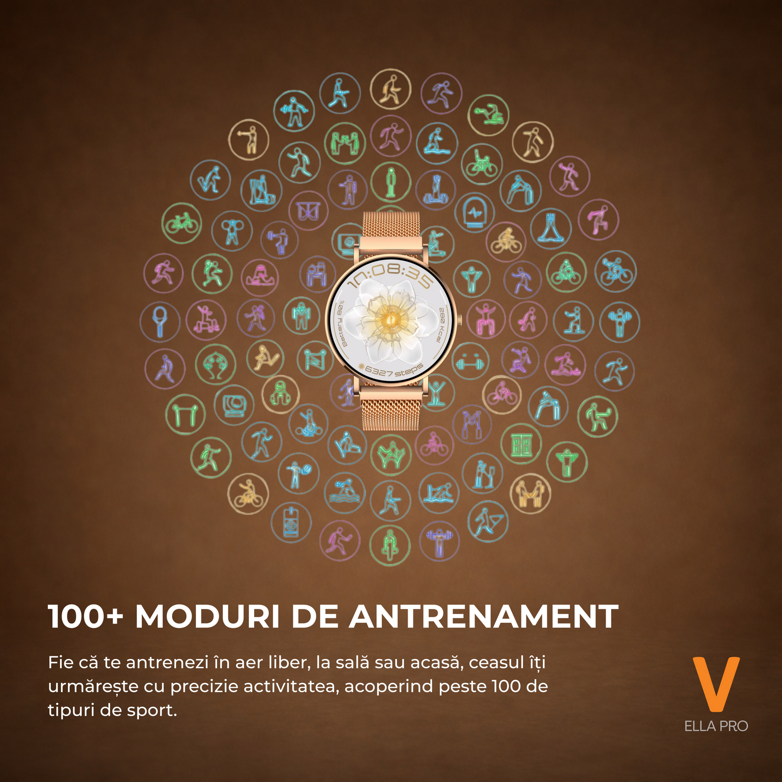 Ceas Smartwatch Dama ELLA PRO Vivendo®, Ecran AMOLED 1.32", Fitness, Apel Bluetooth, Notificari Limba Romana, ChatGPT AI, Incarcare Wireless, Rezistent Apa IP68, 2 Curele Incluse