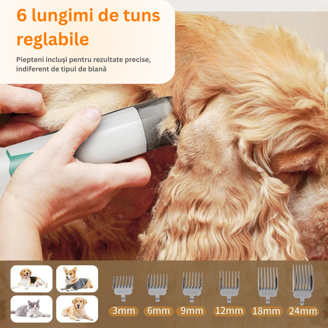 Masina de tuns animale 5 in 1 cu Aspirator integrat – Caini si Pisici, 6 dimensiuni de tuns, zgomot redus, Alb