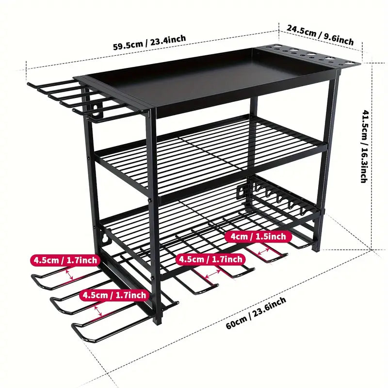 Raft pentru scule si unelte, din metal, cu montare pe perete, dimensiuni 60x41.5x24.5 cm, cu 4 compartimente de depozitare, carlige pentru agatare, negru