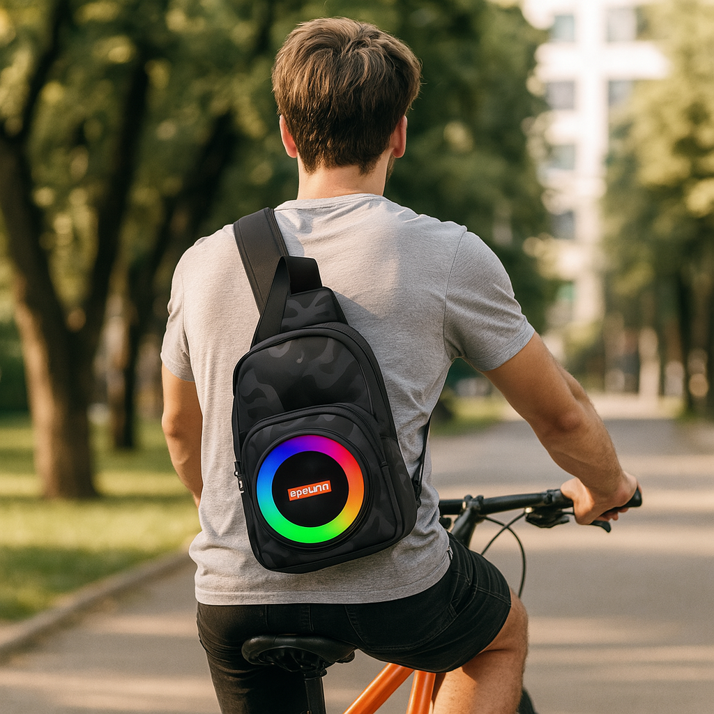 Boxa portabila tip rucsac, Bluetooth 5.0, lumini RGB, FM, TWS si power bank, 17 x 10.5 x 19.5 cm