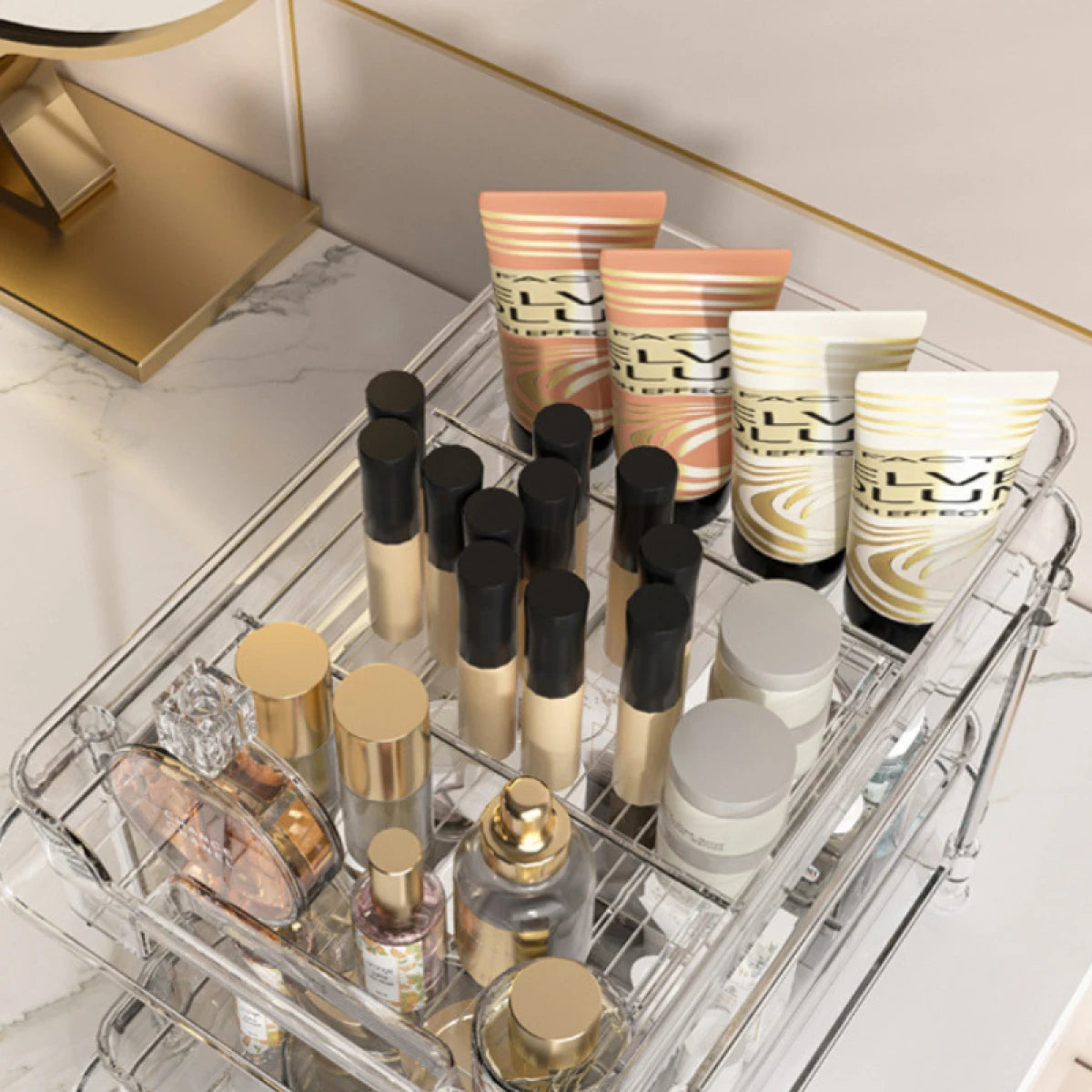 Suport cu 2 rafturi retractabile, 2 nivele si 6 compartimente de depozitare, 29 x 20 x 23 cm, alb