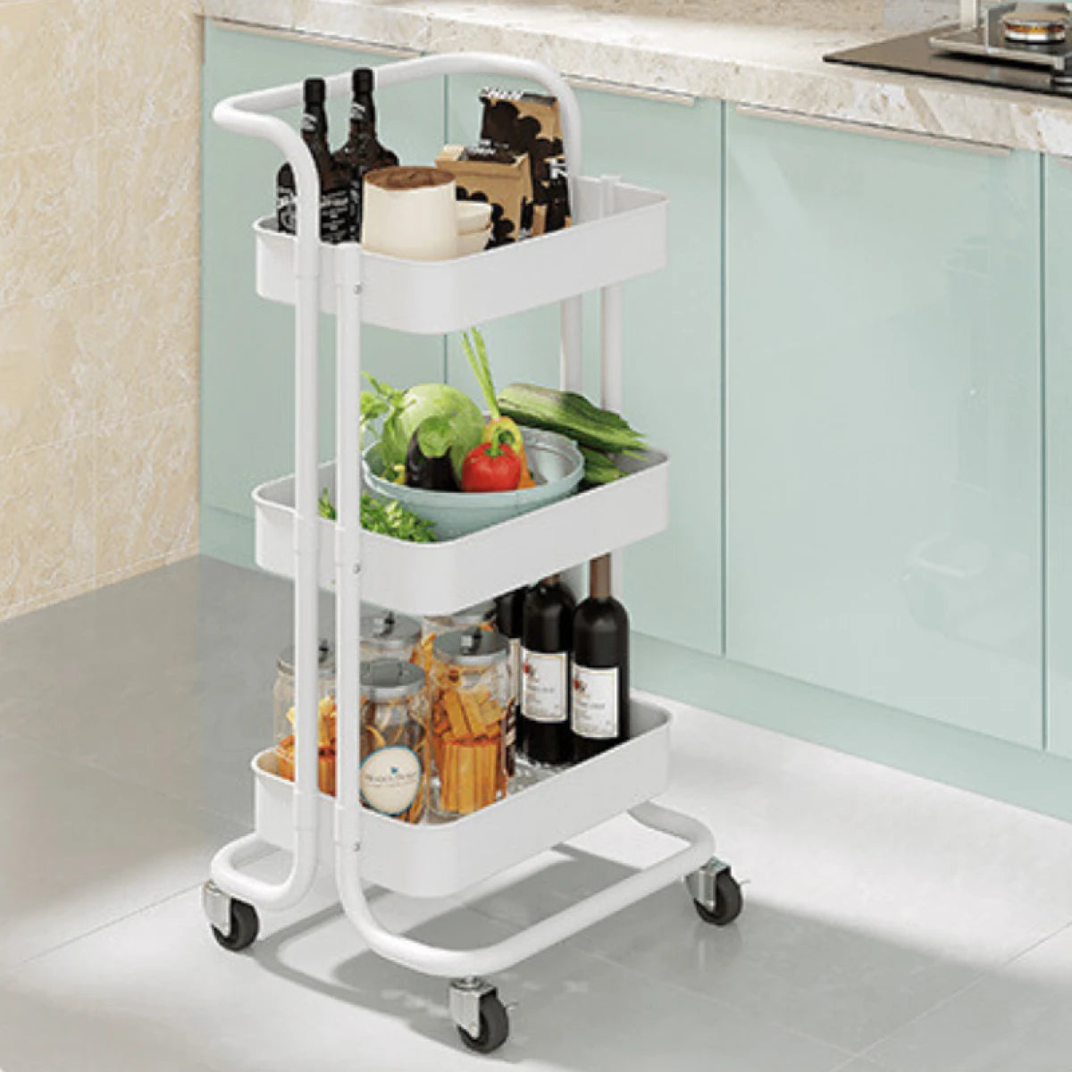 Raft portabil cu 3 nivele – cu cosuri metalice si roti rotative 360°