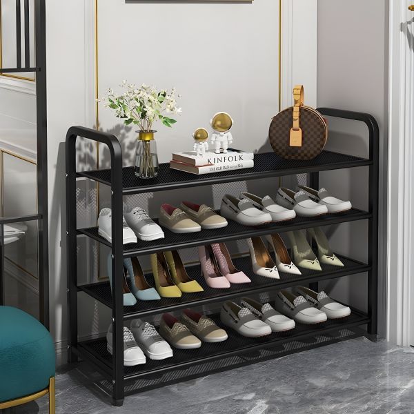 Suport metalic pentru incaltaminte, 4 polite, 60 x 28 x 75 cm, negru