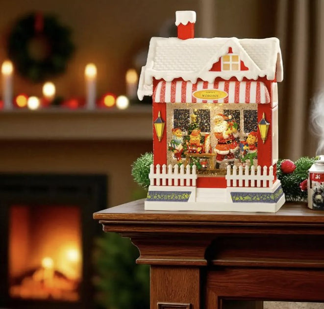 Decoratiune Craciun premium, scena Mos Craciun si spiridusi cu sclipici si muzica