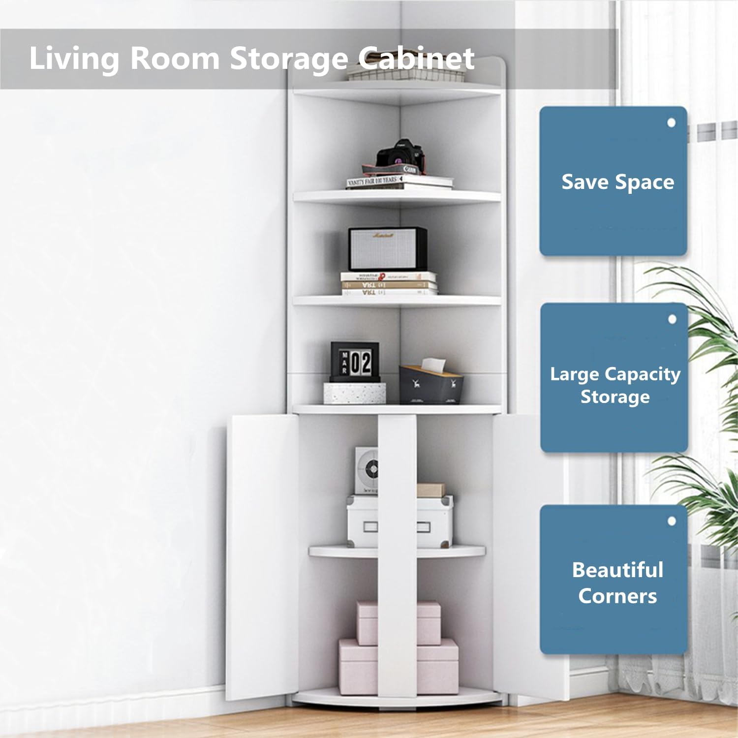 Biblioteca pentru colt cu 4 polite si dulap 2 usi, 180x50x50cm, alb