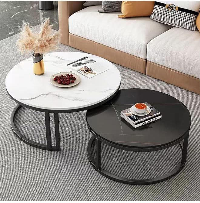 RESIGILAT - Set 2 masute rotunde de cafea cu efect de marmura, diametru 80/60 cm, blat MDF, cadru metalic