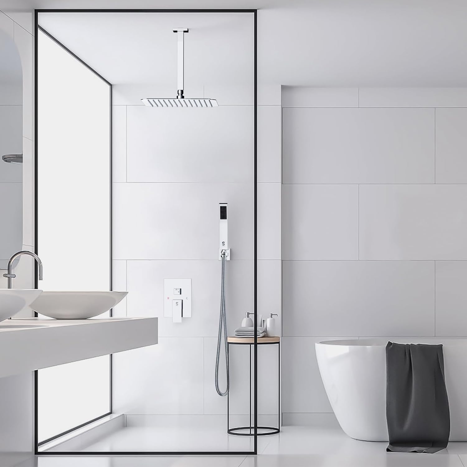 Set de dus incastrat cu para patrata de 25 cm, negru mat sau gri, cu 2 functii de curgere a apei