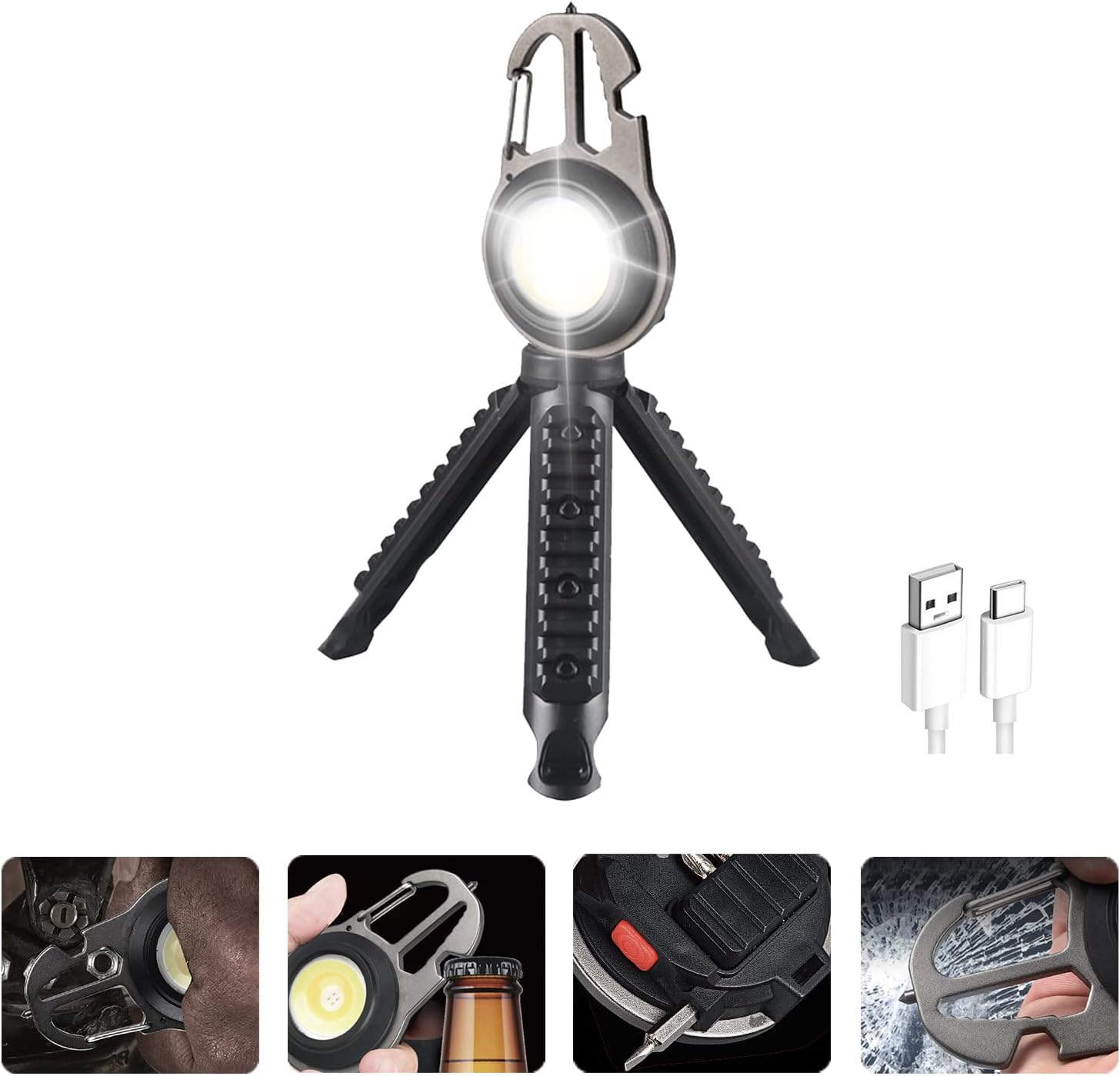 Lanterna LED tip breloc cu trepied, dispozitiv spargere geamuri, surubelnite, cheie, deschizator sticle
