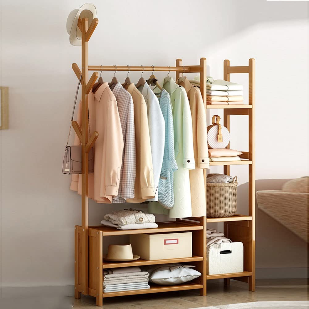 Cuier din bambus cu bară pentru haine și polițe de depozitare – design modern, 170x80x37 cm