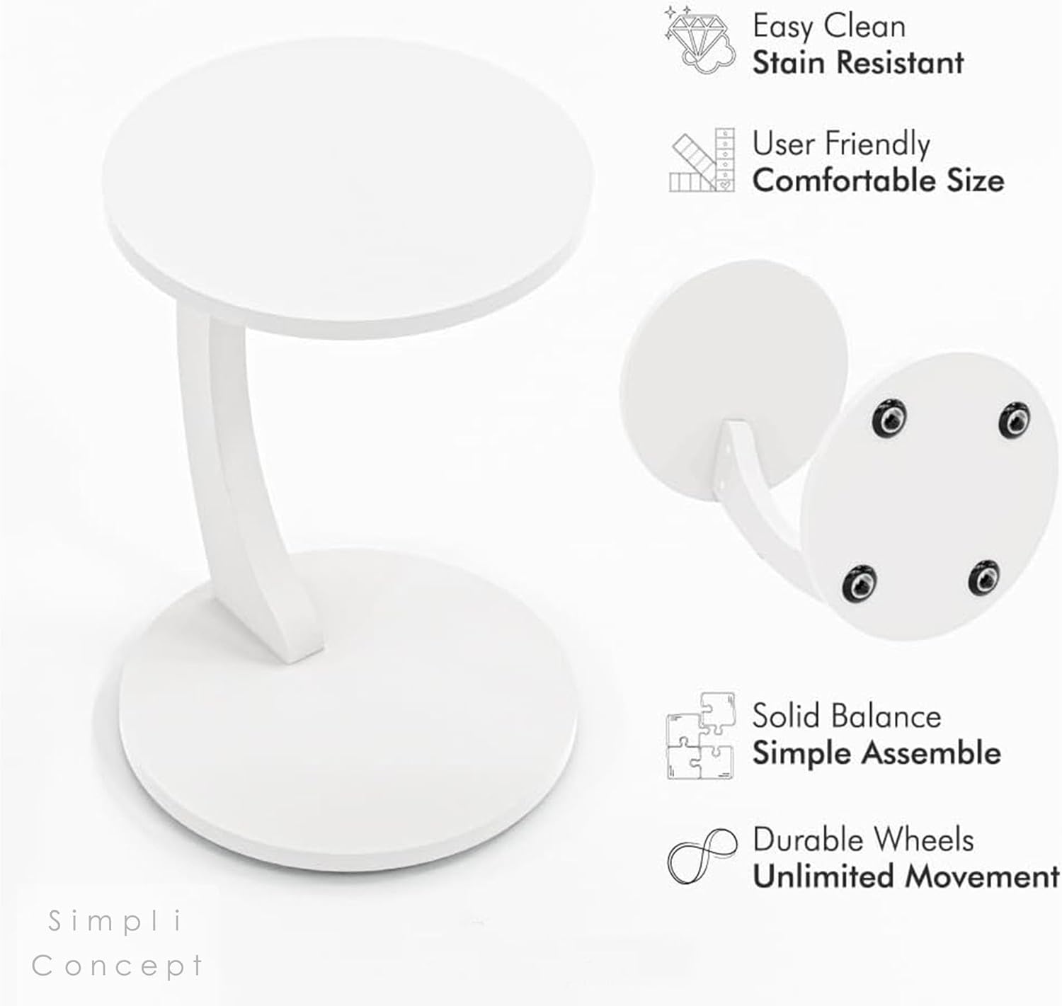 Masuta de cafea rotunda cu roti, din PAL melaminat – 38 cm diametru, 56 cm inaltime