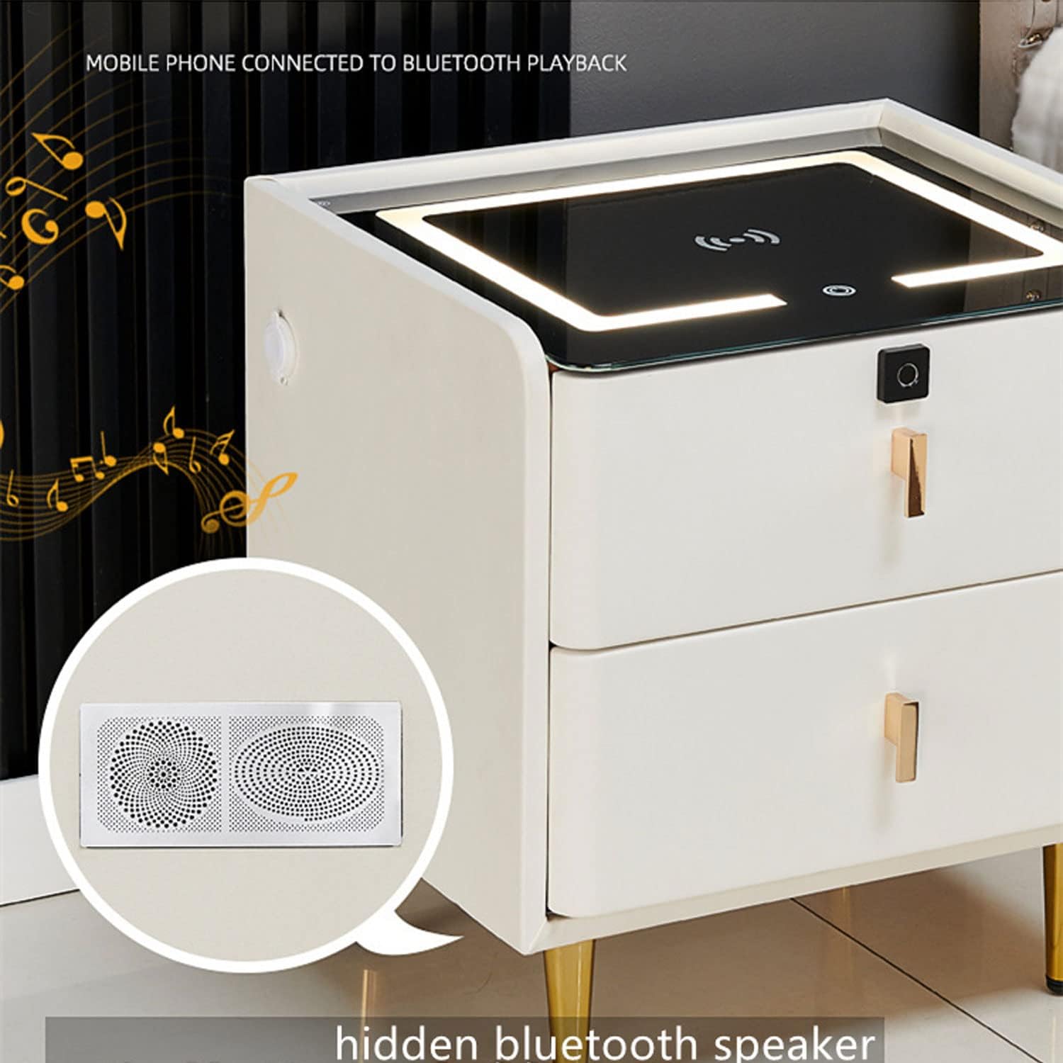 Noptiera Inteligenta Alba cu Incarcare Wireless USB si 2 Sertare - detaliu produs