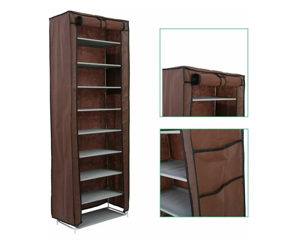 Suport pantofi 27 perechi 9 rafturi, cadru otel, invelis textil, 160x61.5x31.5, inchidere cu fermoar