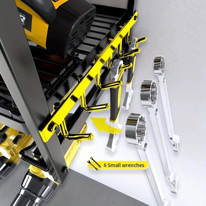 Raft pentru scule si unelte, din metal, cu montare pe perete, dimensiuni 60x41.5x24.5 cm, cu 4 compartimente de depozitare, carlige pentru agatare, negru