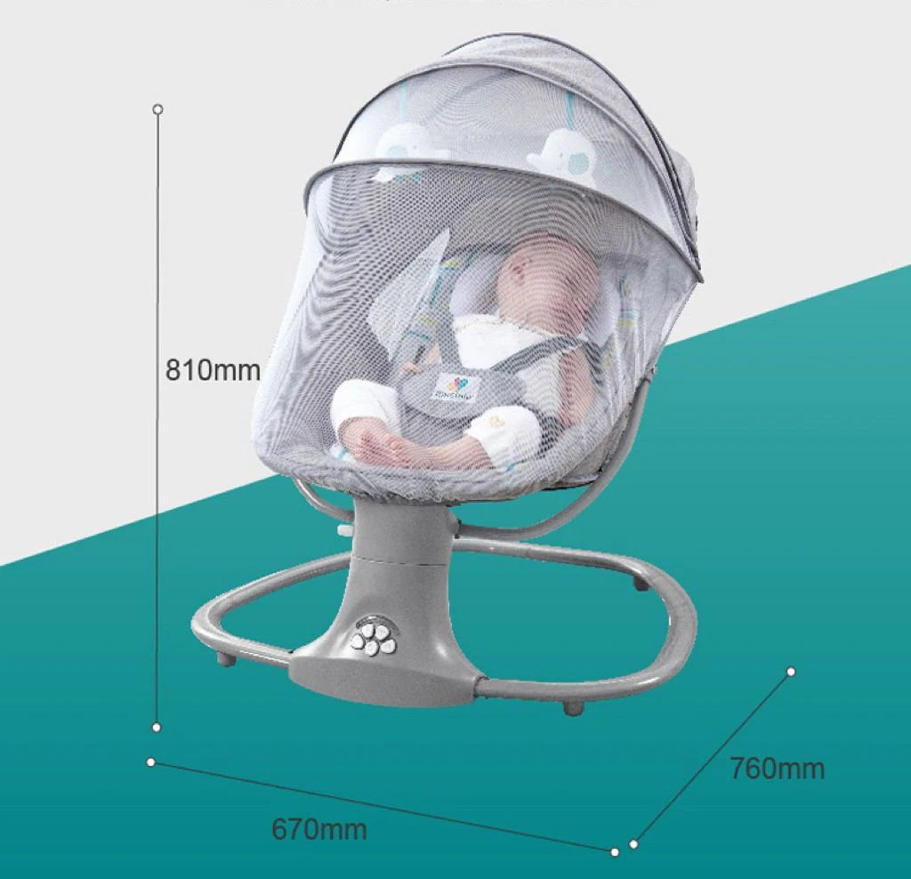 Balansoar copii 3 in 1, Electric, cu Plasa Tantari, Perna Detasabila, Jucarii, USB, Bluetooth, Telecomanda, 0-3 ani, Gri