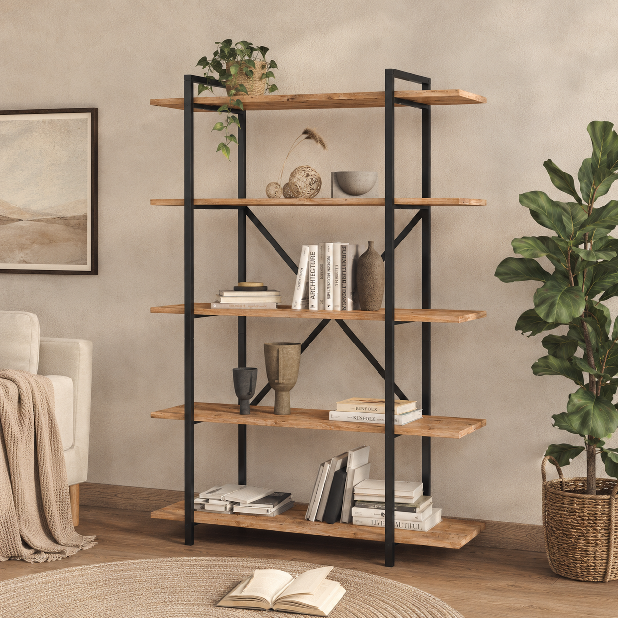 Biblioteca moderna din PAL si metal 90x29,7x159,6 cm, cu 5 rafturi, pentru carti si decoratiuni - imagine 3