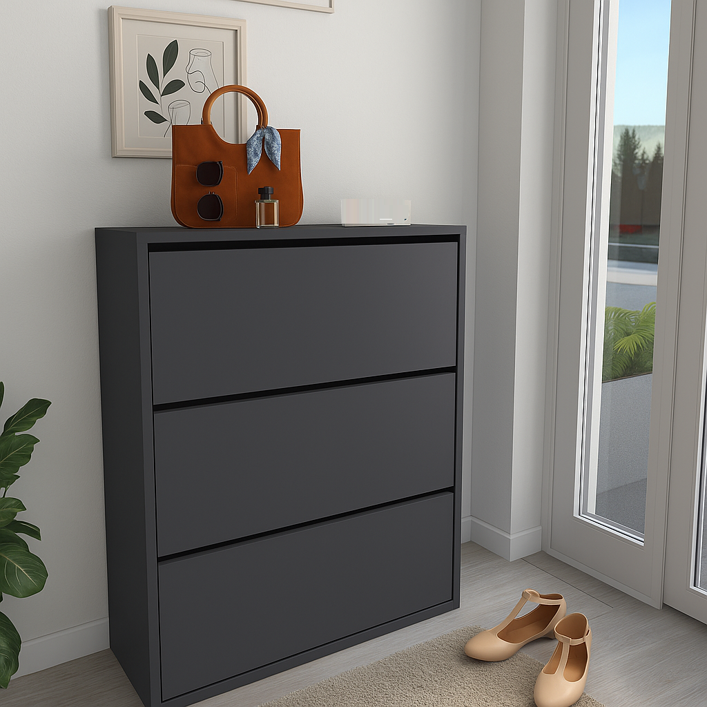 Pantofar cu usa rabatabila si rafturi glisante, 3 compartimente, PAL melaminat de 18 mm, 110 x 73,5 x 22 cm