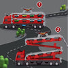 Jucarie Set Camion Trailer pentru Transport Masinute de curse, Tir cu 6 Masini Incluse pentru Copii de 3,4,5,6 ani, Catapultare Vehicule, Platforma si Pista de curse, Prelungire 2.0m