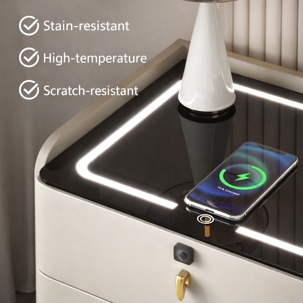 Noptiera Inteligenta Alba cu Incarcare Wireless USB si 2 Sertare - detaliu produs