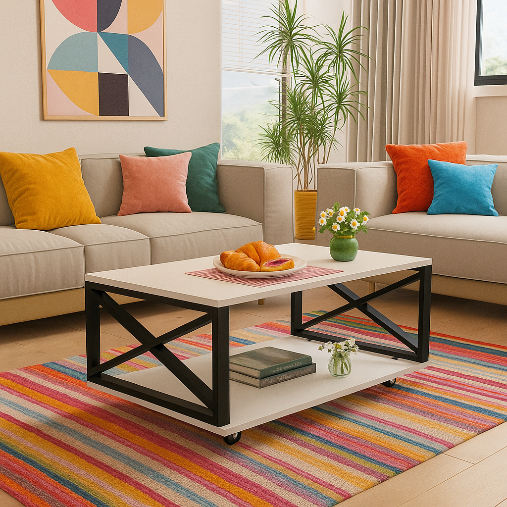 Masuta de cafea moderna, cu blat melaminat alb si cadru metalic, cu roti si spatiu de depozitare, 98 x 60 x 33.6 cm