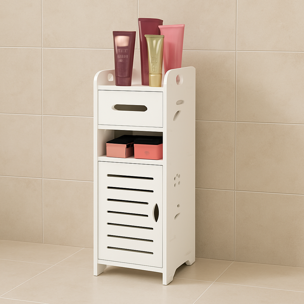 Dulap depozitare pentru baie, 30x24x60 cm, cu suport hartie igienica, alb