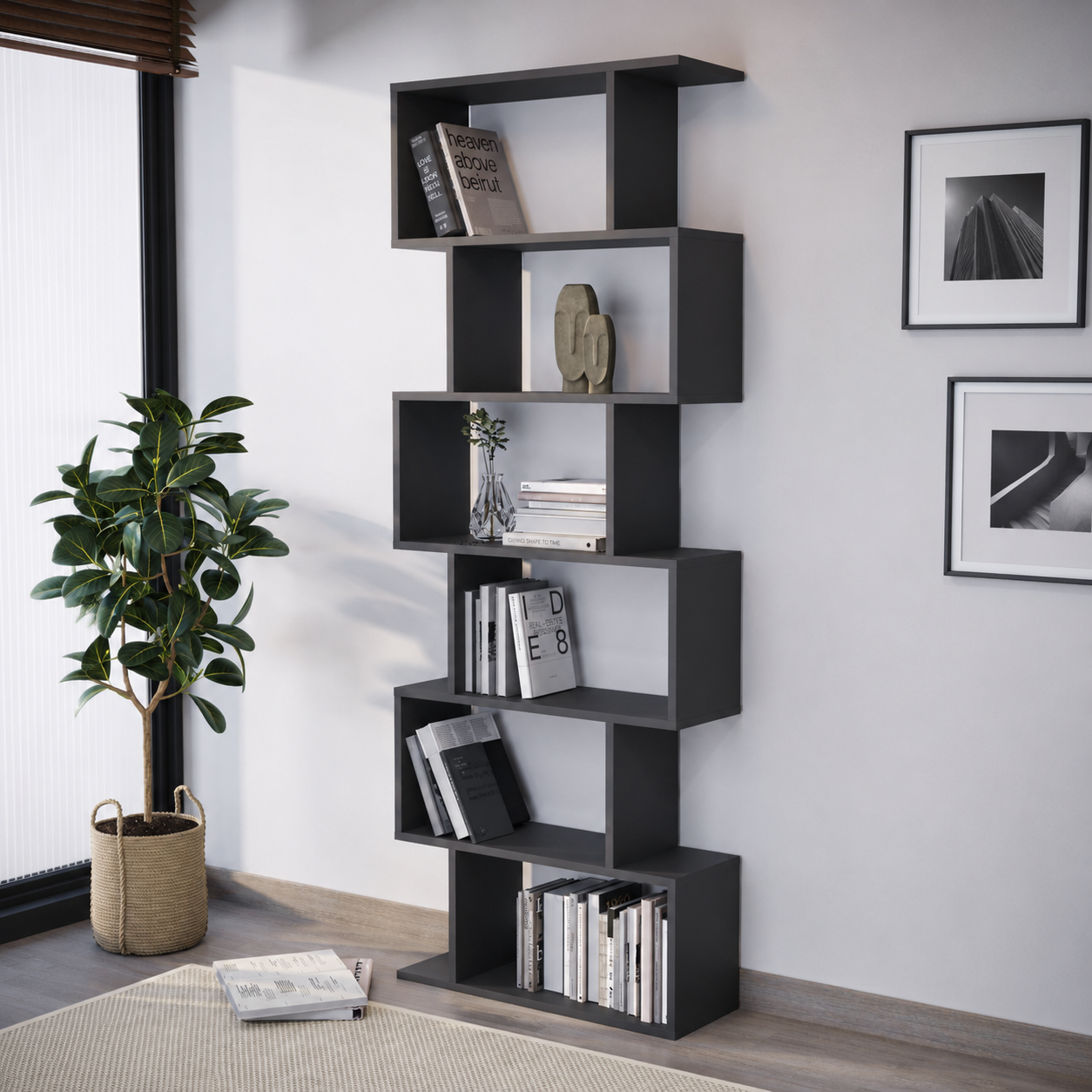 Bibliotecă modernă cu 6 rafturi asimetrice 80x25x190,2 cm - imagine 2