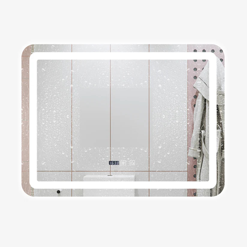 Oglinda LED pentru baie 60x80 cm, sistem Dezaburire, Senzor Touch, Ceas, Trei Tipuri de Lumina