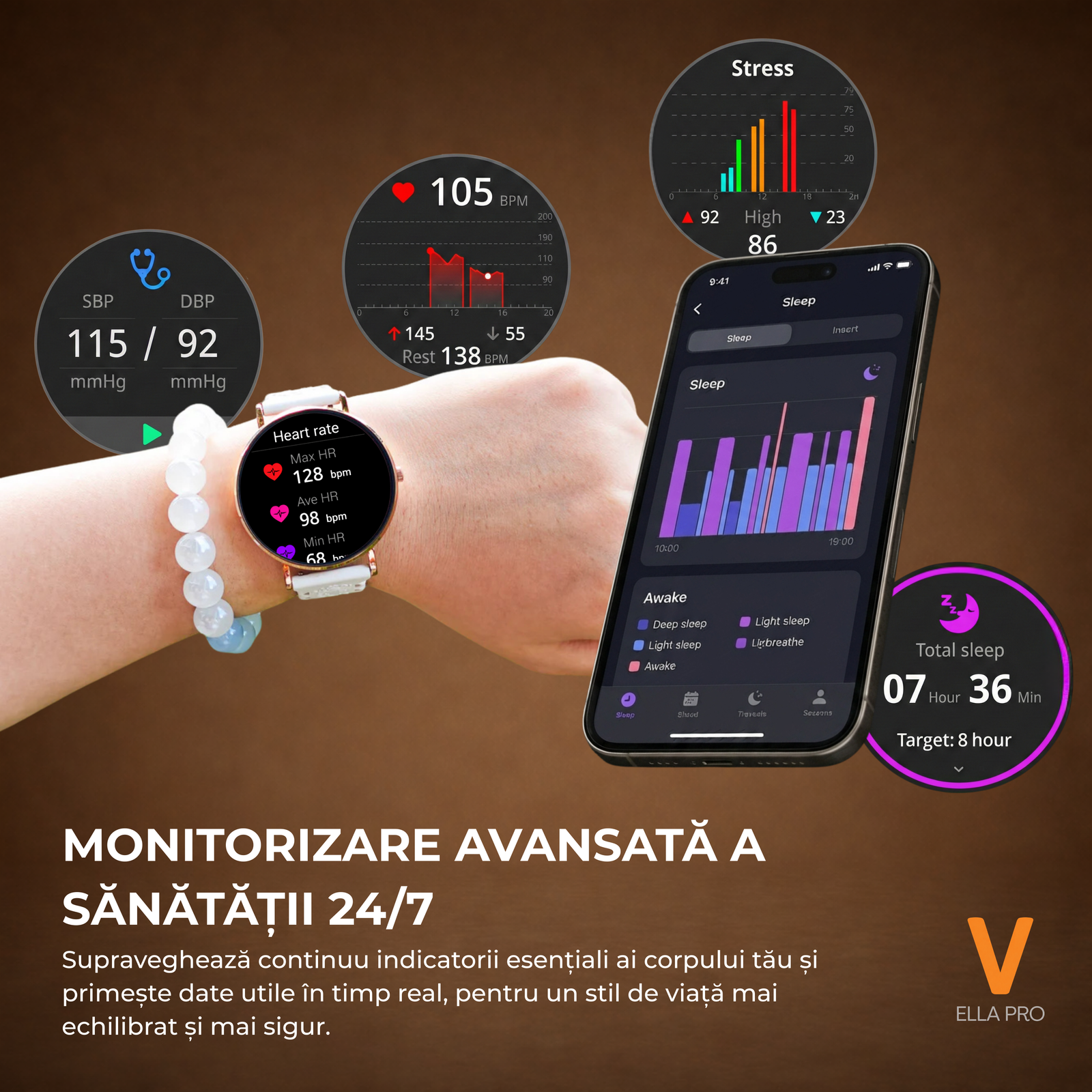 Ceas Smartwatch Dama ELLA PRO Vivendo®, Ecran AMOLED 1.32", Fitness, Apel Bluetooth, Notificari Limba Romana, ChatGPT AI, Incarcare Wireless, Rezistent Apa IP68, 2 Curele Incluse