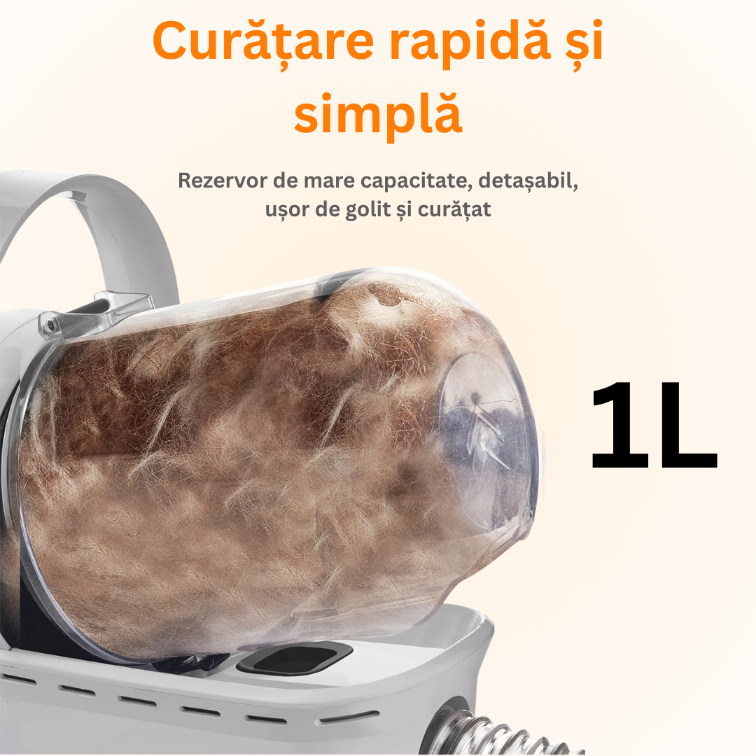 Masina de tuns animale 5 in 1 cu Aspirator integrat – Caini si Pisici, 6 dimensiuni de tuns, zgomot redus, Alb