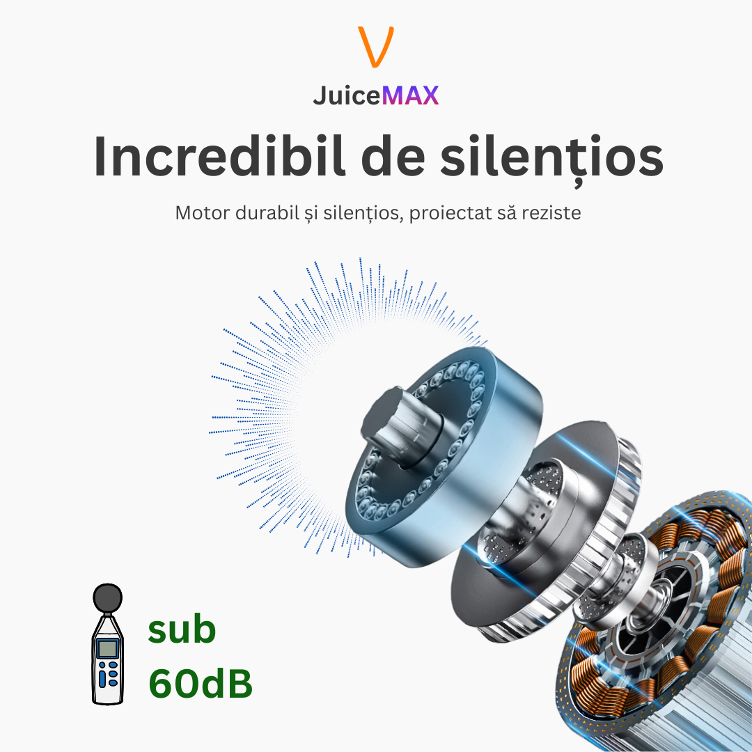 Storcator Multifunctional JuiceMAX cu Presare la Rece – Motor DC 150W, 110 RPM, Corp Inox, Functie Reverse, pentru Fructe, Legume si Frunze Verzi