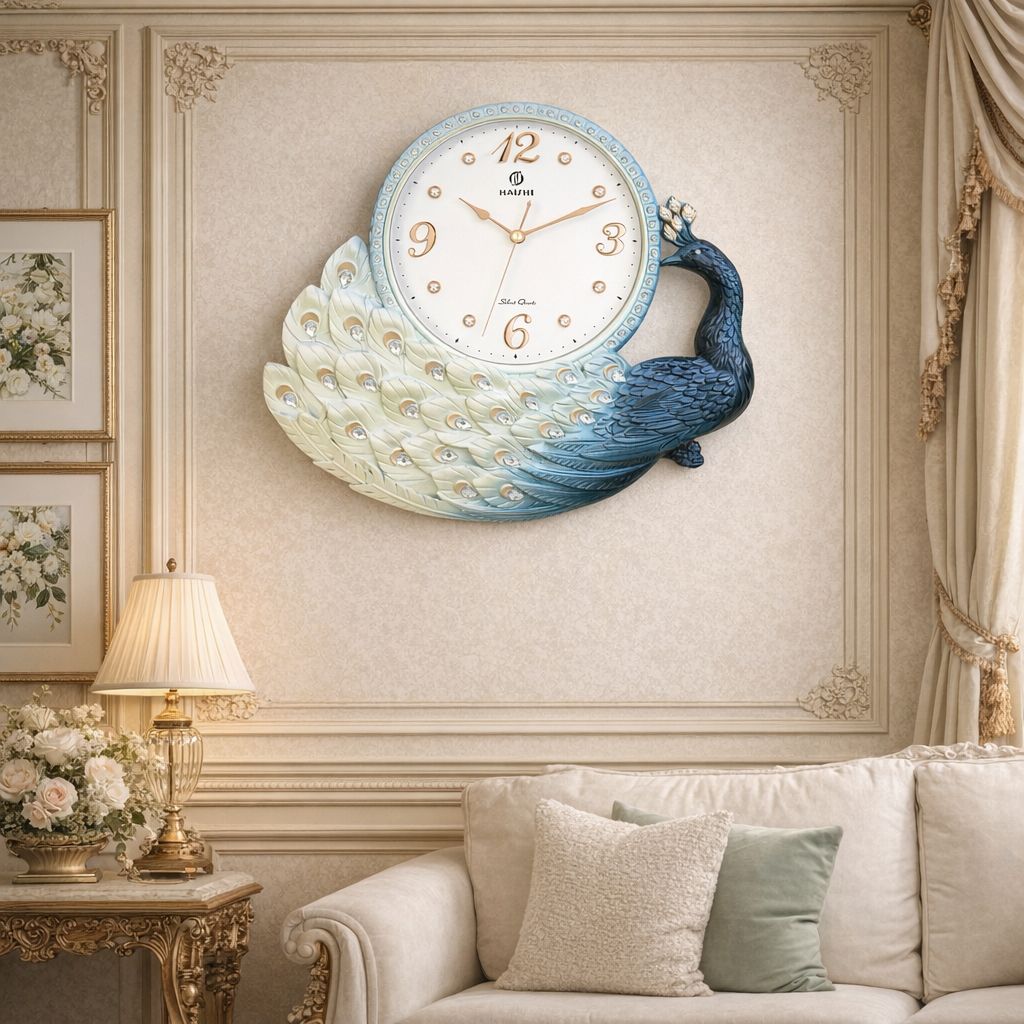Ceas de perete decorativ cu paun – design elegant – 44 x 39 cm