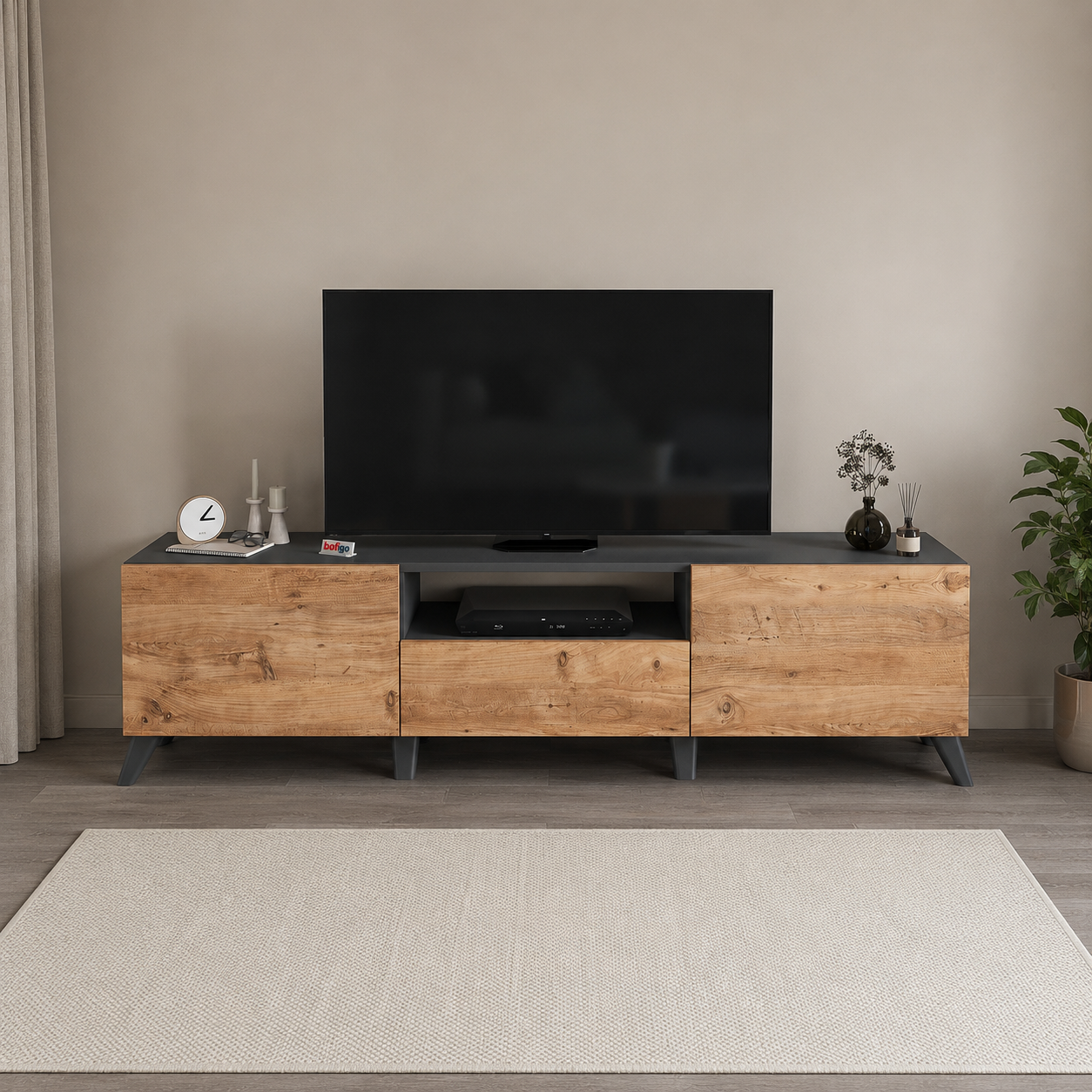 Comoda TV living 60 x 31,8 x 44,8 cm cm, 2 usi rabatabile soft-close, PAL melaminat 18 mm clasa E1, stil scandinav