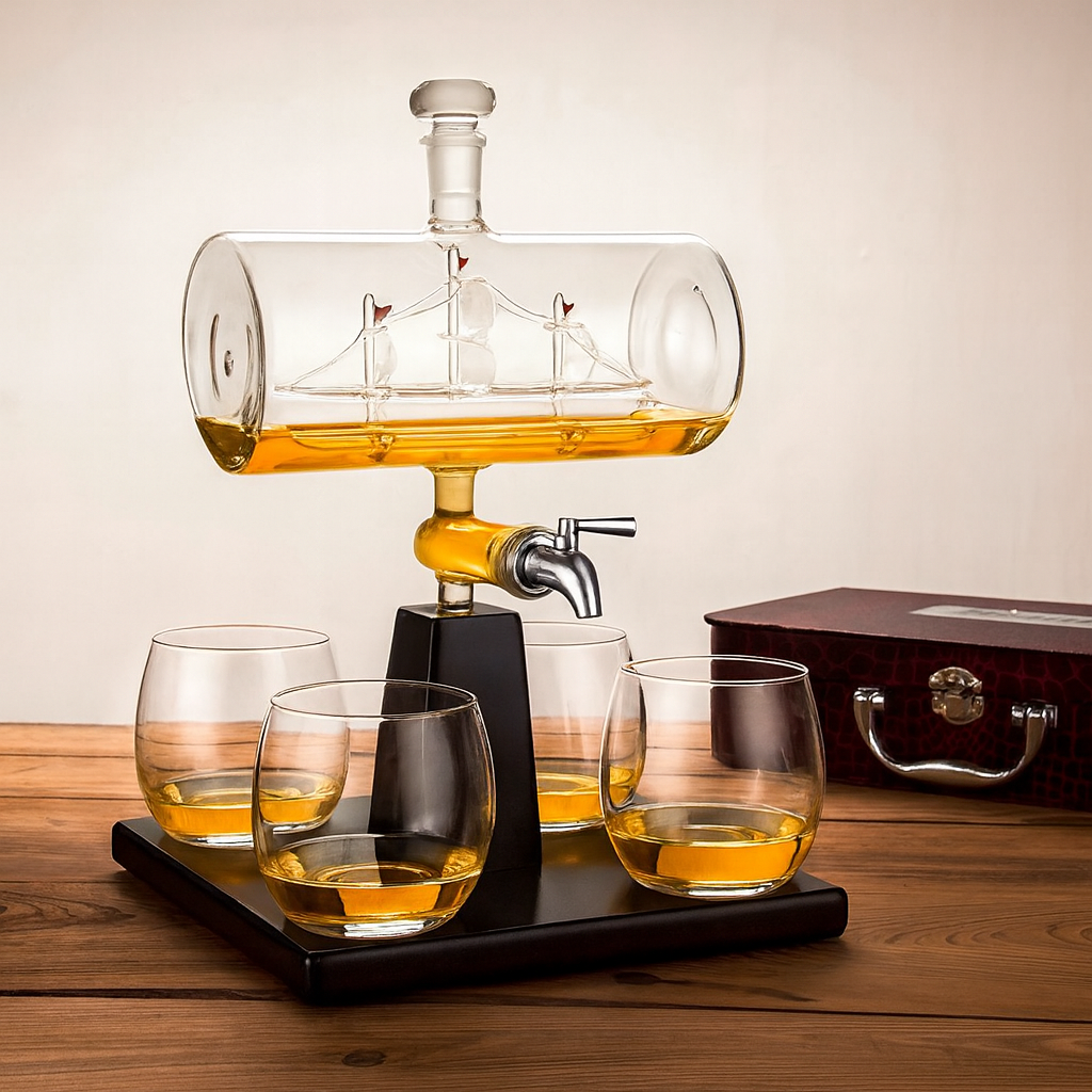 Set Decantor Whisky sub forma de corabie cu suport de lemn si 4 pahare, 1100ml